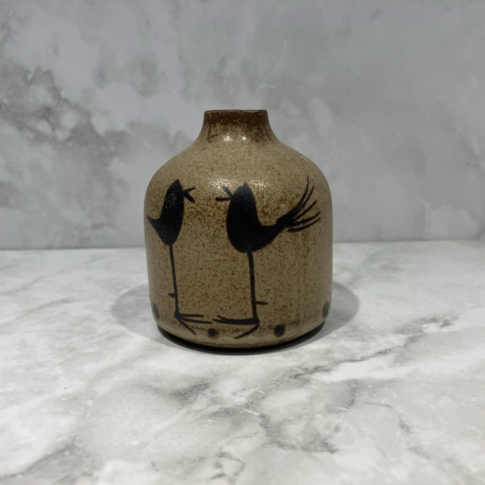 Vintage Otagiri OMC Japan Pottery Small Weed Pot Vase Brown 3" Birds & Dots